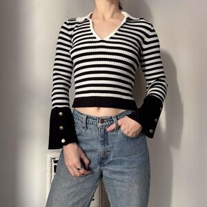 Anthropologie Maeve Black and White Striped Nautical Bell Sleeve Sweater